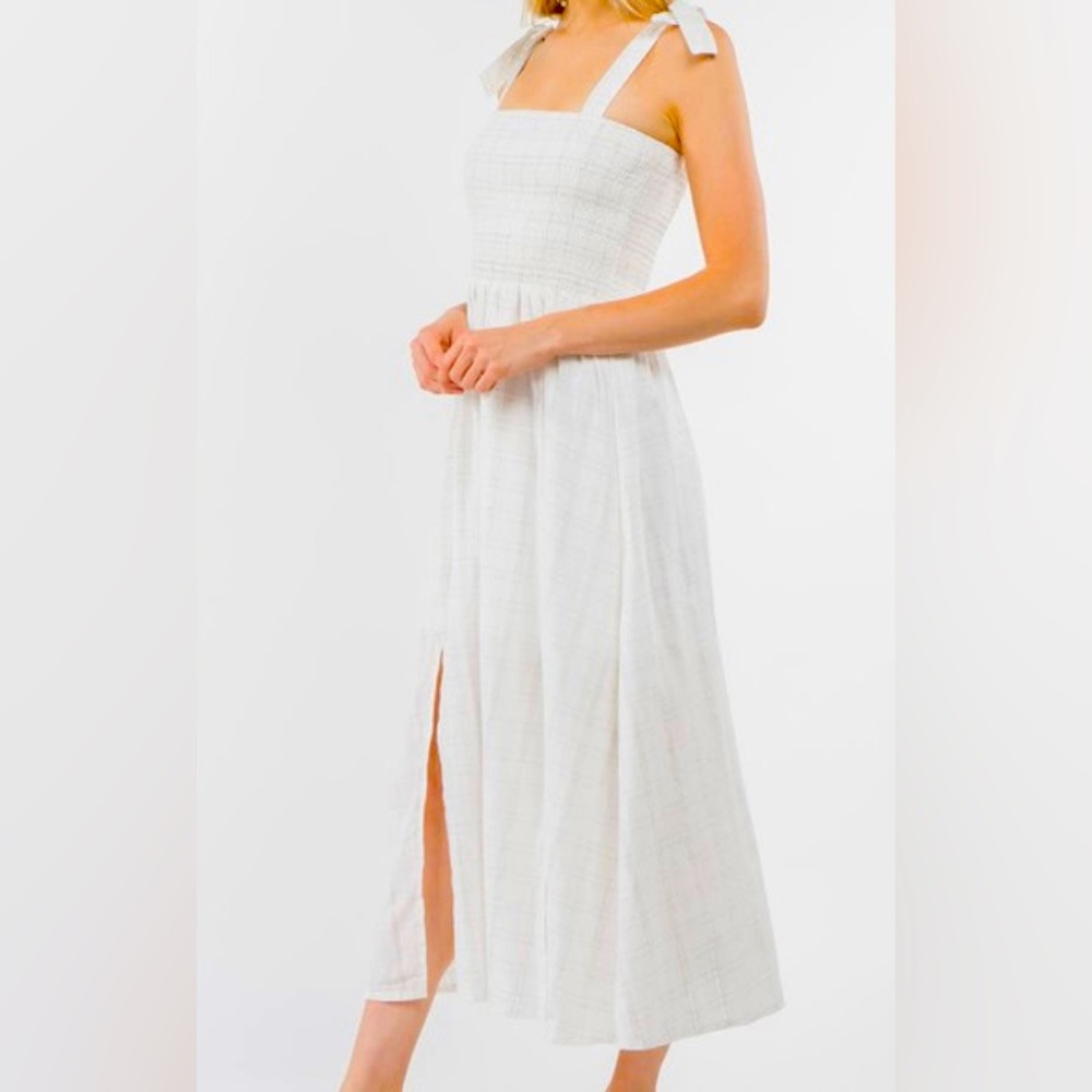 White Midid Dress with split hem toe at shoulders great for spring
